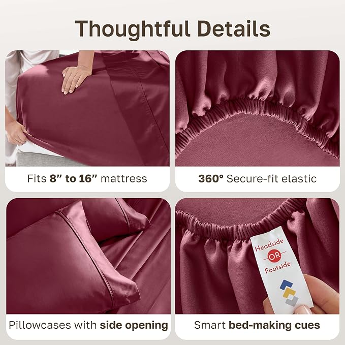 California Design Den Soft 100% Cotton Queen Size Bed Sheets Set, 400 Thread Count Good Housekeeping Award Winner, Silky Smooth Sateen with Deep Pockets, Durable Queen Bed Sheet Set - Burgundy Red