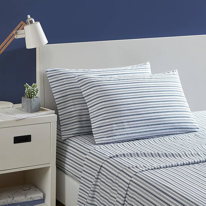 Nautica – Twin XL Size Sheet Set, Crisp Cotton Percale Bedding with Matching Pillowcase, Lightweight & Breathable Bed Sheets, Deep Pocket, College Dorm Room Essentials (Coleridge Stripe Blue)
