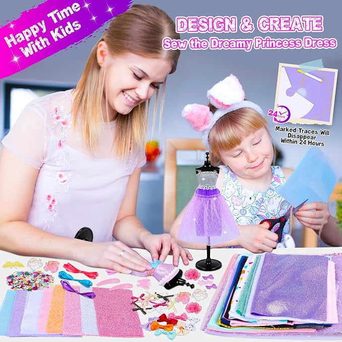 MINIFUN 1500+Pcs Fashion Designer Kit for Girls, Sewing Kit with 7 Mannequins, DIY Arts and Crafts Kit for Kids, Doll Clothes Making Kit, Girl Toys for Age 6 7 8 9 10 11 12 Year Old Gifts