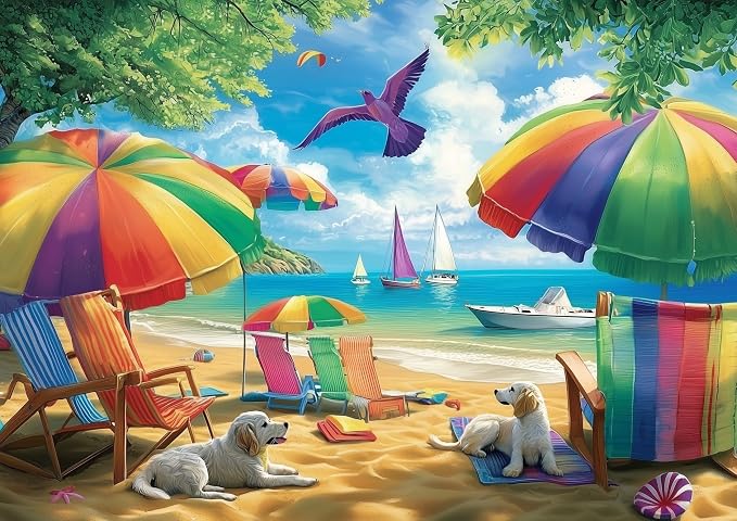 1000 Piece Puzzle for Adults - Beachside Umbrellas Puzzle with Letters on Back 27.5"x19.7", Nature Lovers Challenging Adult Puzzle, Hard Puzzle for Adults Relax, Art Gift, Family Game Night