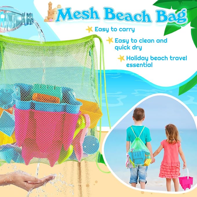 FUSPWEAO Beach Toys Sand Toys for Kids, Sand Castle Toys for Beach with 2 Castle Bucket and Mesh Bag, Sand Molds, Shovels and Rakes, Sandbox Toys for Toddlers, Travel Beach Toys for Kids 3-10