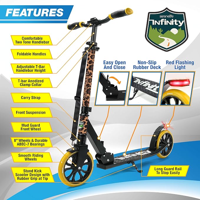 SereneLife Kick Scooter Adult Teenagers Kids- 2 Wheel Kids Scooter with Adjustable T-Bar Handlebar - Alloy Anti-Slip Deck - Portable Folding Scooters for Kids with Carrying Strap - Leopard
