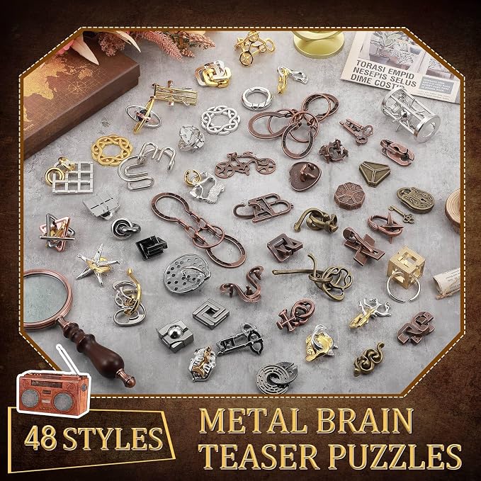 48 Pcs 3D Metal Puzzles Difficult Metal Brain Assortment for Adults Highly Hard Brain Iq Logic Test Disentanglement for Mind Challenge(Classic Style)