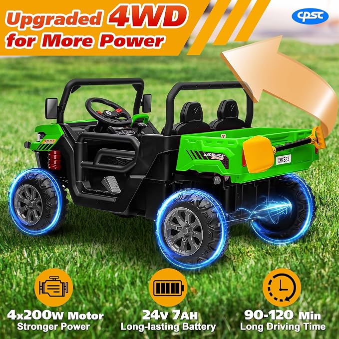 Joyracer 4WD 24 Volt Ride on Toys, 800W Ride on Truck for Kids, 2 Seater Power Car Wheels w/Dump Bed & Shovel, Ride on UTV w/Remote Control, Bluetooth, LED Lights,Green