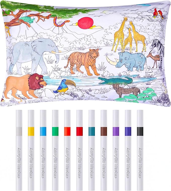 Mindsoft Coloring Pillowcase with 12 Pcs Markers Color Your Own Pillowcase Kit for Coloring Craft Decoration Supplies, 28.7 x 19.7 Inch(Wild Animals)