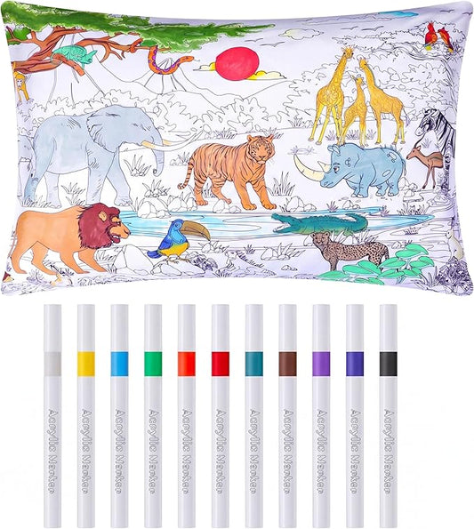 Mindsoft Coloring Pillowcase with 12 Pcs Markers Color Your Own Pillowcase Kit for Coloring Craft Decoration Supplies, 28.7 x 19.7 Inch(Wild Animals)