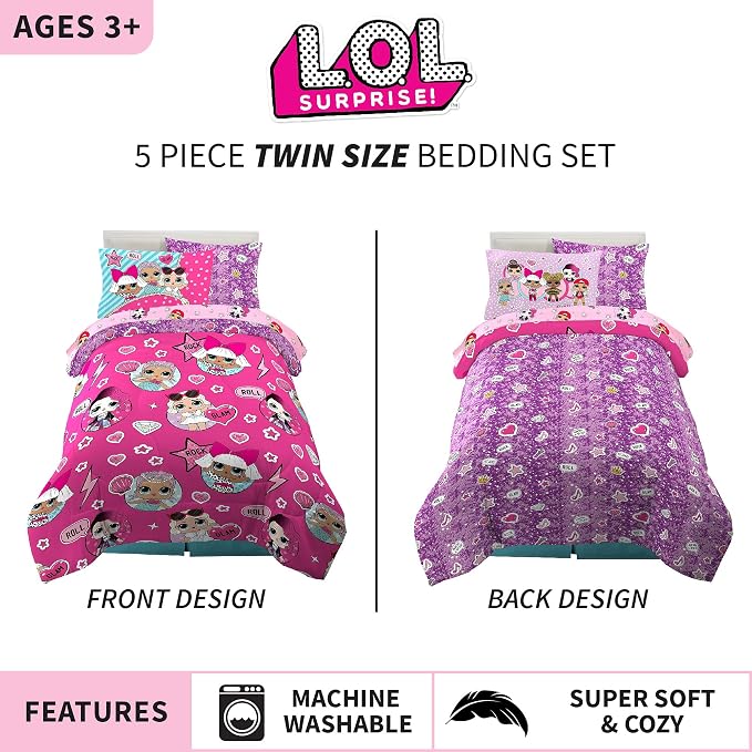 Franco Kids Bedding Super Soft Comforter and Sheet Set with Sham, 5 Piece Twin Size, LOL Surprise