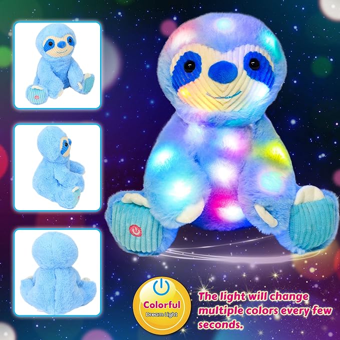 Light-up Plush Blue Sloth LED Stuffed Animal Birthday Christmas Plushies Toy Gifts for Kids Toddler Girls, 10.5"