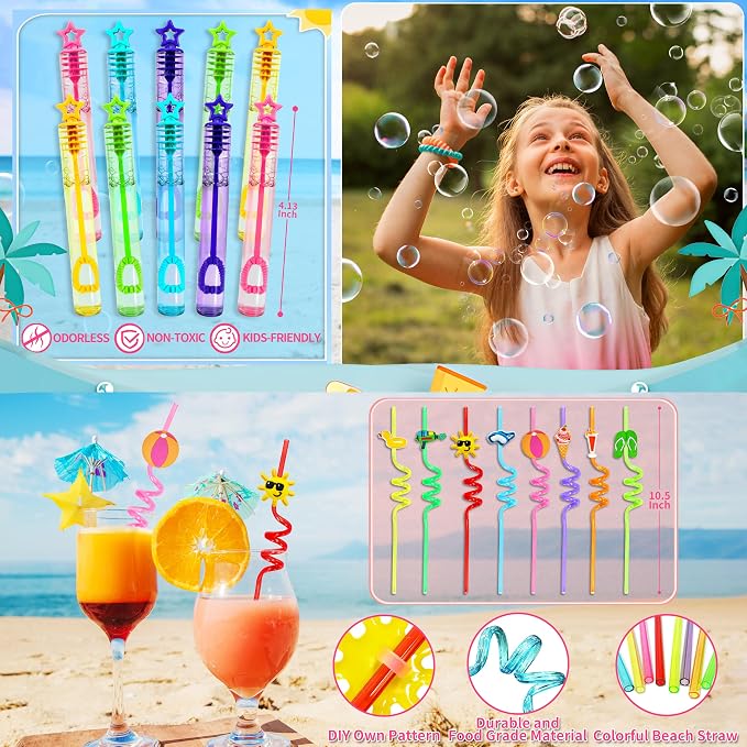 LINAYE Beach & Pool Party Favors - Kids' Summer Toys Bulk Including Beach Balls, Sand Buckets, Sunglasses, Drinking Straws, Bubble Wands Beach & Pool Party Supplies