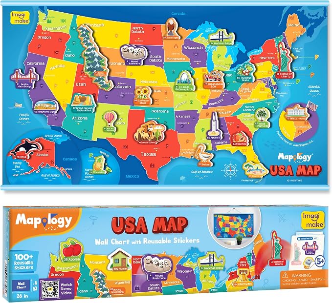 Imagimake Mapology USA Map with Reusable Stickers | 100+ Jelly Stickers | Classroom Geography Games & Learning Kids Toys Age 5-8 | Gifts for Boys & Girls Age 5,6,7,8,9,10,11,12 Years Old