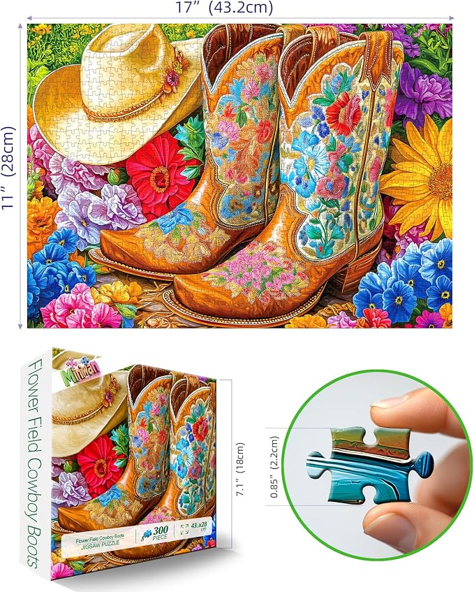 Cowboy Boot & Hat 300 Piece Puzzle for Adults, Fun Puzzles for Adults 300 Pieces with HD Print Poster,17" X 11" Dust Free, for Gifts Birthday Holiday Party Family Games Lovers
