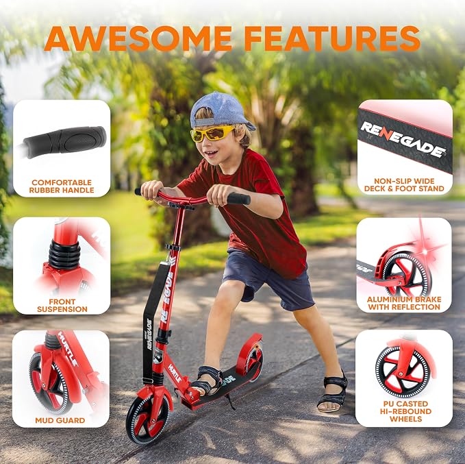 Hurtle Renegade Kick Scooter for Kids, Teenagers & Adults - 2-Wheel Folding Scooter with Adjustable T-Bar Handlebar - Alloy Anti-Slip Deck