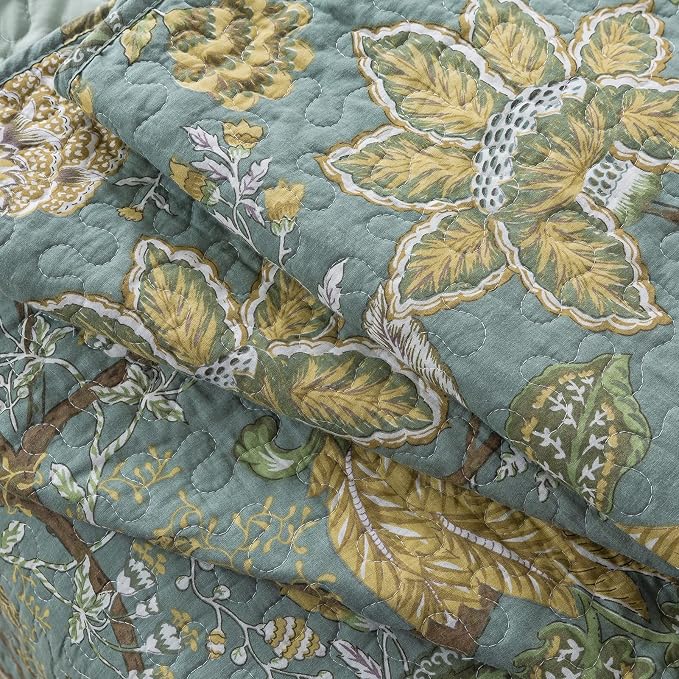 NEWLAKE Bedspread Quilt Sets-Reversible Patchwork Coverlet Set, Green Floral Pattern, King Size