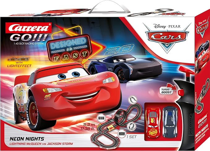 Carrera GO Cars Slot Car Race Track Set – Lightning McQueen Neon Nights | Electric slot car track, Lightning McQueen toy for kids 6+, includes McQueen & Storm cars, Neon Nights theme, easy setup