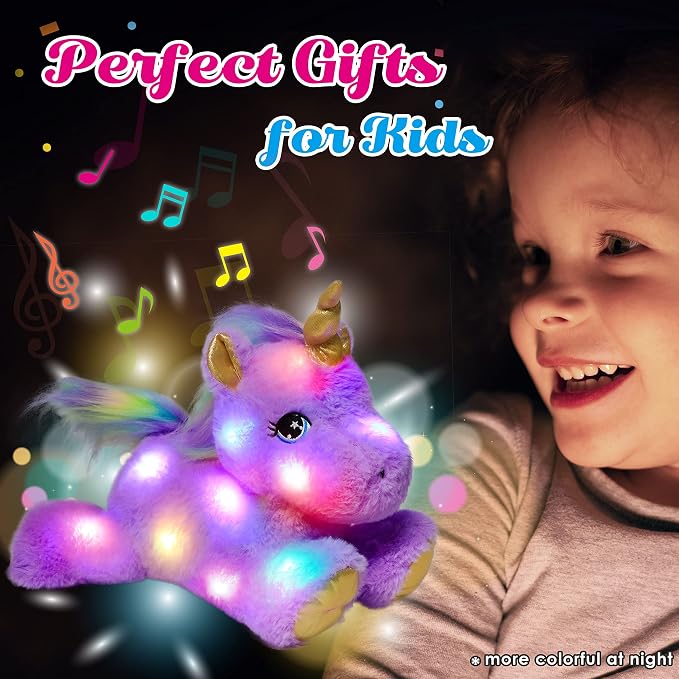 Glowing LED Light-up Purple Unicorn Nightlight Toys Musical Plush Stuffed Animal Singing Lullabies Birthday Christmas Plushies Gifts for Kids Boys Girls,13"