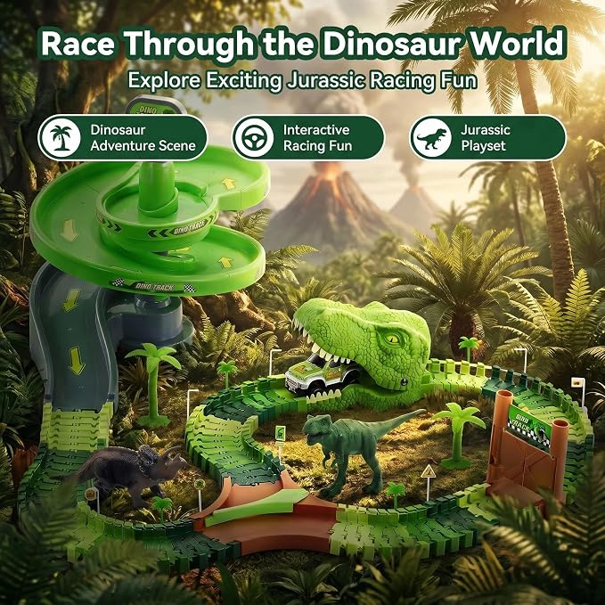 Dinosaur Race Track Toys for Boys 3-5, Spiral Car Track Set with Dinosaur Adventure Scene, Flexible Race Track Playset for Boys Age 4-7 Birthday Gifts
