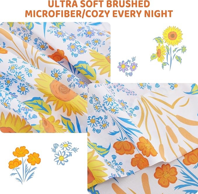 Viviland 3 Pieces Girls Floral Spring Twin Sheet Set - Soft Microfiber Fitted Flat Sheets & Pillowcase Bed Sheet Set - Summer Sunflower Print Bedding Sets for Kids