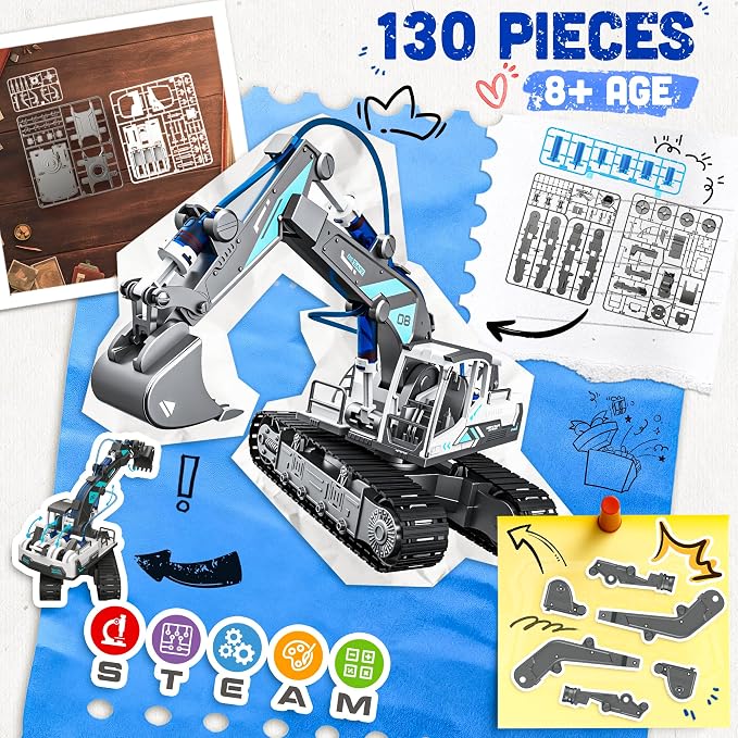 SMILESSKIDDO Excavator Toy - 130 PCS Hydraulic Science Kits for Kids Age 8-12, Teenage Engineering Kit Construction Vehicle STEM Toys for Ages 8+