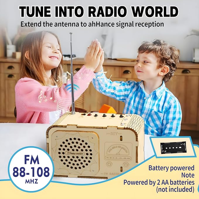 FM Radio Kit, STEM Toys for Ages 8-13, DIY Wooden 3D Puzzle to Build a Working FM Radio, Educational Science Kit for Kids 8-12+, 88-108 MHz