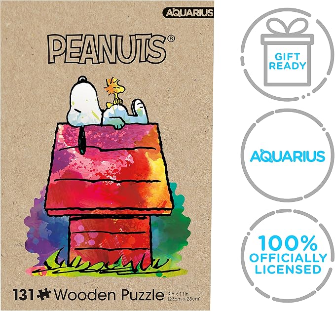 Peanuts Snoopy 131 Piece Wooden Jigsaw Puzzle with 6 Unique Shaped Pieces – Snoopy & Woodstock on Doghouse | Premium Wood Puzzle for Adults, Kids & Families | Officially Licensed Peanuts Merchandise
