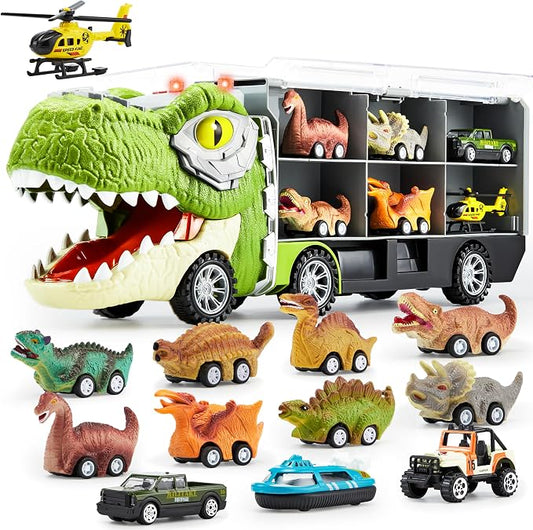 JOYIN 13 in 1 Dinosaur Toys for Kids 3-5, Transport Dinosaur Carrier Truck with 12 Pull Back Cars, Toddler Toys 3-4， Birthday Gifts for 3 4 5+ Year Old Boys
