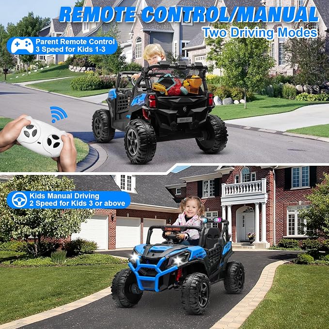 24V 2 Seater Ride on Car for Kids, MOEYURO 800W Powered UTV Toy, 5MPH Large Side by Side Electric Car w/Remote, Bluetooth, LED Light, 3 Speeds, Music, Spring Suspension, Storage for Kids Gift, Blue