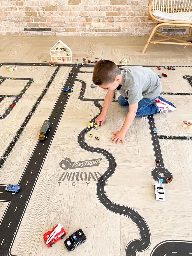 PlayTape Road Tape for Toy Cars - Sticks to Flat Surfaces, No Residue; 2-Pack of 30 ft. x 2 in. Asphalt Road