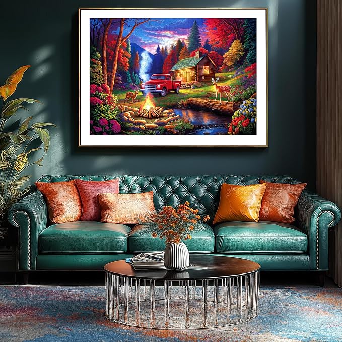 1000 Piece Jigsaw Puzzle for Adults, Rustic Camping Scene with Log Cabin, Vintage Red Truck, Deer & Campfire, Colorful Forest Dusk Landscape, Premium Quality Puzzle for Family Fun