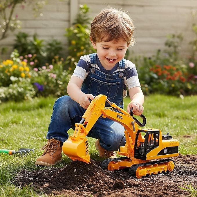 Liberty Imports 15" Oversized Construction Truck Toys for Kids – 1:22 Scale Friction Powered Vehicles with Realistic Moving Parts (Excavator)