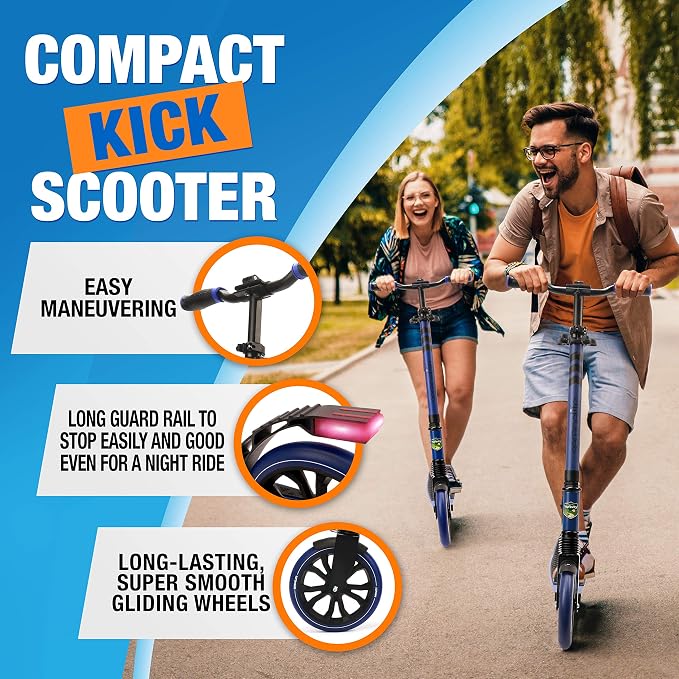 Folding Kick Scooter for Adults and Kids – Boys and Girls Freestyle Scooter with Big Wheels, 1-Kick Open Mechanism, Anti-Slip Rubber Deck and LED Light – Folding Grips Handlebar Adjusts to 3 Heights