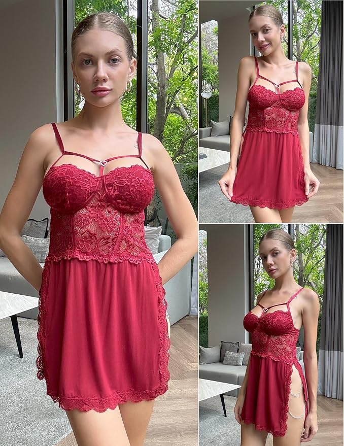 Avidlove Lingerie for Women Sexy Babydoll Lingerie Dress Chain Side Slit Chemise Nightgowns with G-String