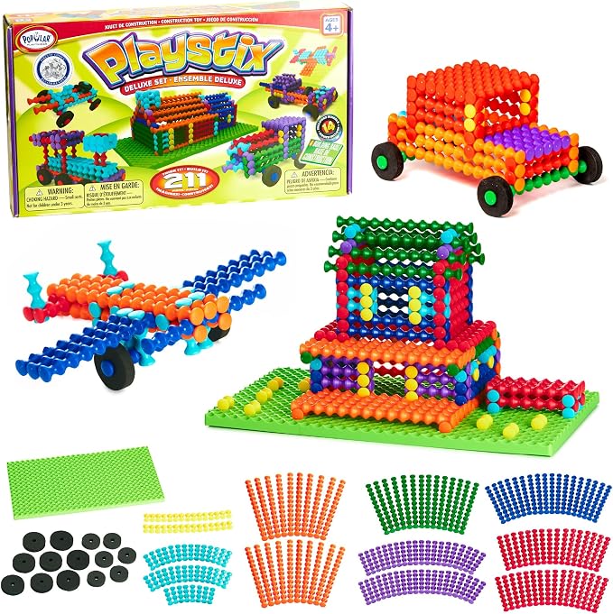 Popular Playthings Playstix, Building Sticks Kit For Kids, Construction Stem Building Toy Gift for Boys & Girls - 211 Piece