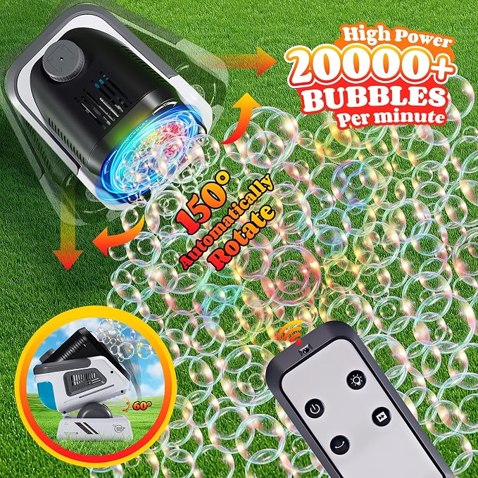 Belemar Upgraded Bubble Machine with Remote Control, Automatic Rotation & RGB Lights, 1800mAh Rechargeable Battery, Type-C Charge, Bubble Maker for Kids, Weddings, Birthday Parties, Outdoor Activities