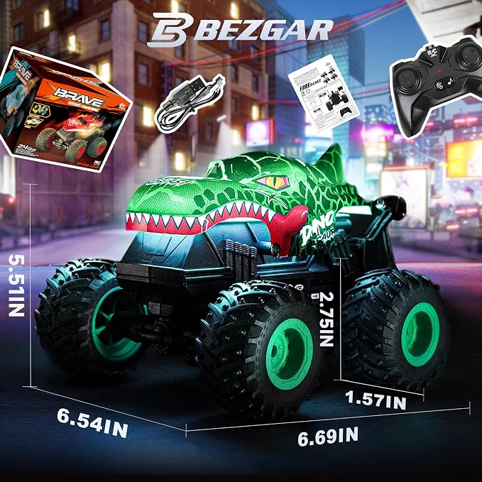BEZGAR Monster Truck Toys - Remote Control Monster Truck with Light & Music, Dinosaur Toys for Kids, 1:20 Scale RC Truck with 360° Spins and Drifting, Remote Control Car for Boys 4-7