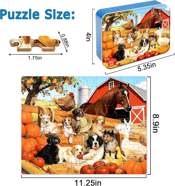 LELEMON Puzzles for Kids Ages 4-6,Pasture 100 Piece Puzzles for Kids Ages 6-8 in a Metal Box,Educational Jigsaw Puzzles,Childrens 100 Piece Puzzle Games Puzzle Toys for Girls and Boys