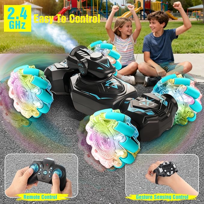 Gesture Sensing Remote Control Car, RC Cars Toys for Boys Age 6-12, 4WD Hand Controlled Twist & Transform 360° Spins Stunt Car with Mist, Light & Music, 8-10 Year Old Boys Birthday Gift Blue