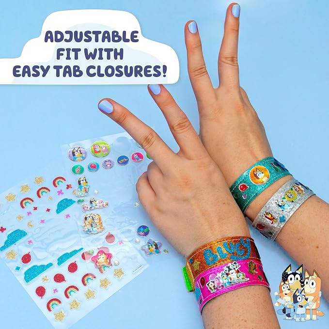 Bluey Sparkle Bracelet Making Kit, 4 Reversible Bracelets with Easy Closure, 100+ Traditional and Puffy Resin Stickers, DIY Bluey Jewelry, Arts and Crafts for Kids Age 8-12, Toddler Gifts