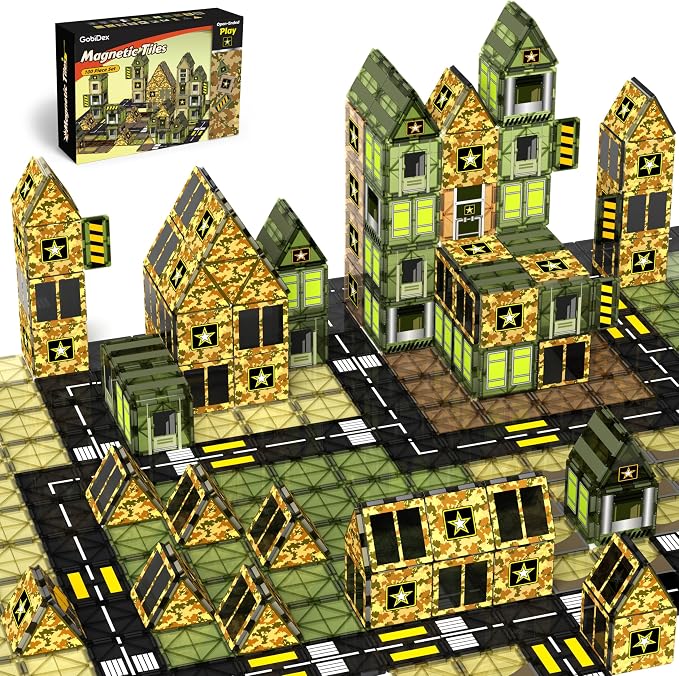GobiDex 100PCS Army Magnetic Tiles for Toddler, STEM Construction Building Blocks for Kids Military Toys Games, Upgraded Educational Birthday Gifts Toys for 3+ Year Old Boys Girls, Classroom Must Have