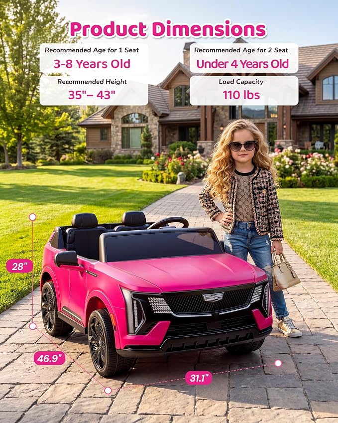 Firstness 2 Seater Ride on Car for Kids 24V Licensed Cadillac Escalade IQ Powered Wheels with Remote Control 400W Electric Ride on Toy with 3 Speed Light Music 7AH Battery Car for Kids Ages 3-8, Pink
