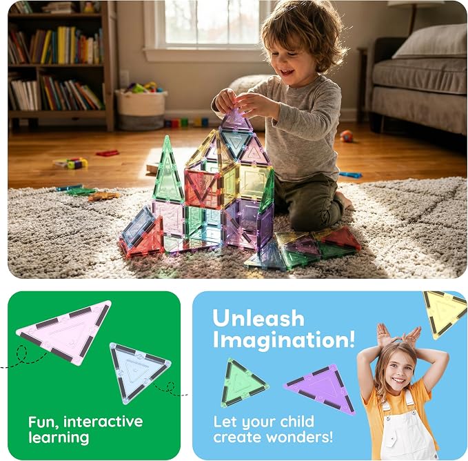 PicassoTiles 48PC Magnetic Tiles Pastel Building Construction Stacking Toy STEM Montessori Educational Magnet Tile Sensory Learning Playset For Toddlers Preschool Elementary Boys Girls Ages 3+ PTJ48JN
