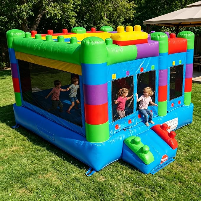 Semi Commercial Bounce House for Big Kids,Built-in Slide,PVC Material,for Backyard Outdoor Party,12.3'Lx 12'Wx 9.4'H (Building Block Ver2 with Blower)