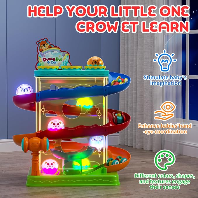 2-in-1 Rolling Ball & Car Ramp Race Track for Toddlers, Hammer Ball Drop Toy for Boys & Girls, Interactive Playset w/Sensor Lights - Montessori STEM Learning Toys for Kids 1-5+ Year Old