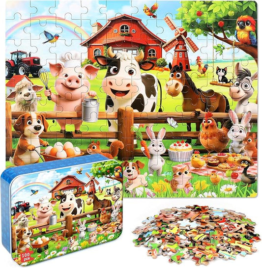 MZZOTOY Farm Animals Puzzle for Kids Ages 4-8, 100 Pieces Jigsaw Puzzles for Kids Ages 3-5， Learning Educational Puzzles Toys Great Gift for Boys Girls in a Metal Box
