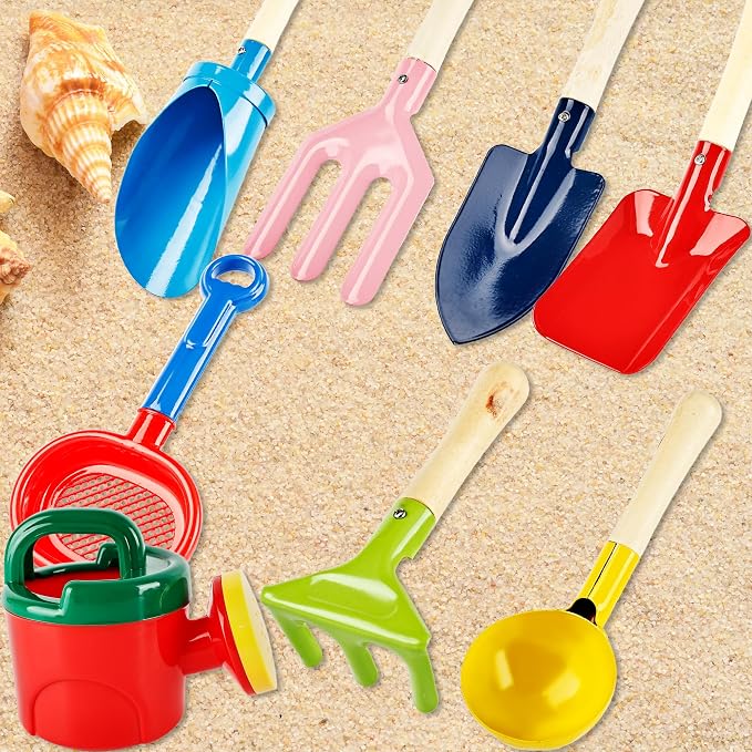 8 Pcs Kids Beach Sand Tools Metal Beach Spoon, Fork, Trowel, Rake, Flat and Pointed Shovel Sand Toys with Sturdy Wooden Handle Watering Can Sand Sifter Sieves for Children Beach Gardening Use