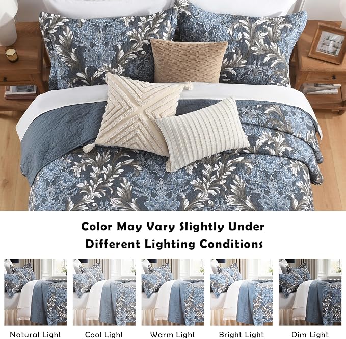 100% Cotton Classic Damask Reversible King Size Quilt Set, Blue & White | Traditional Elegant, Floral Pattern, King Quilt with Shams, Lightweight, Scrollwork, 3 Piece Bedspread, All Season, 106"x98"