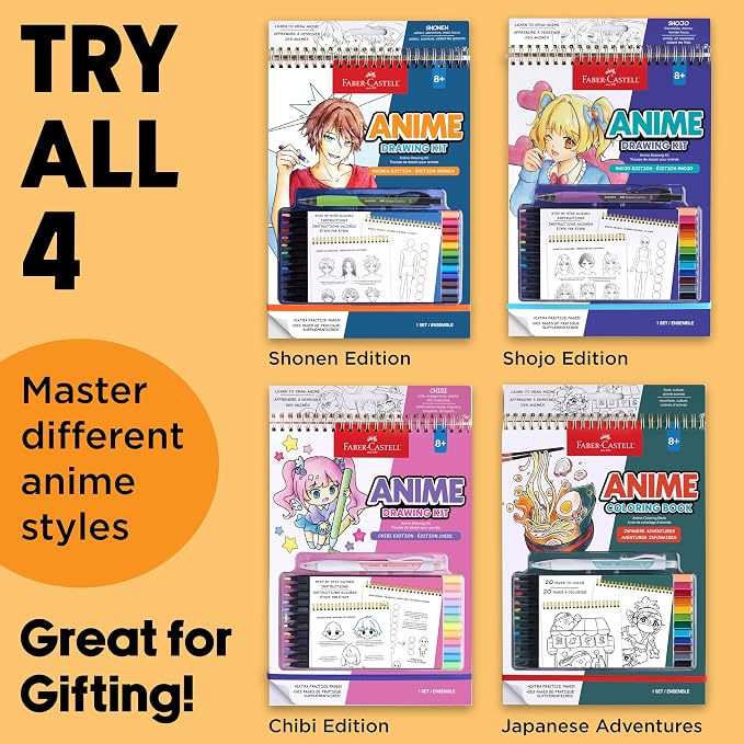 Faber-Castell Anime Drawing Kit: Shonen Edition | Step-by-Step Instruction Book with 20 Practice Pages, Color Pencil Set & Drawing Supplies for Kids, Summer Craft Supplies (1 Book)