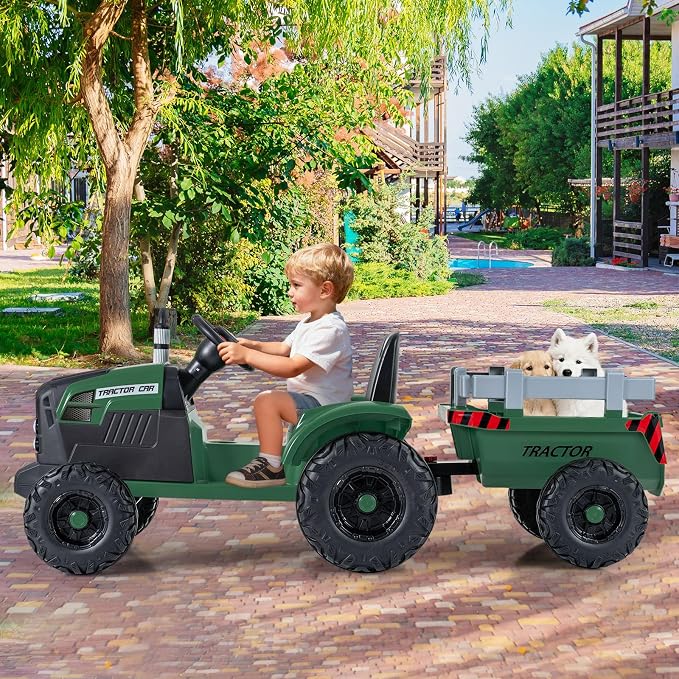 Costzon 24V Ride on Tractor with Detachable Trailer, Kids' Electric Vehicles with 3 Speeds, 15° Climbing, Wireless Design, Horn & Music, Remote Control Tractor Toy for Kids 3+,Gift (24V, Deep Green)
