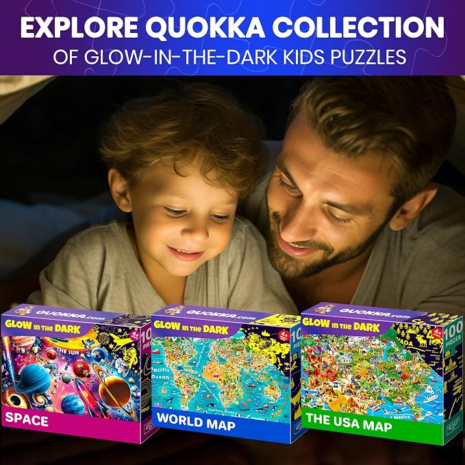 QUOKKA 100 Puzzles for Kids Ages 4-6 – Glow-in-the-Dark USA Map World Map and Solar System – Educational Floor Puzzles for Kids Ages 6-8 – Geography Learning Toys for 5-8 Year Olds