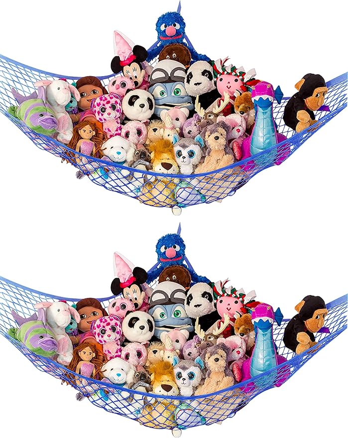 Stuffed Animal Hammock 2 Pack | Corner Stuffed Animal Storage & Plushie Net | Toy Hammock for Stuffed Animals | Holds 12lbs | Easy Hang, All Hardware Included | Blue Bedroom Decor | by Lilly's Love