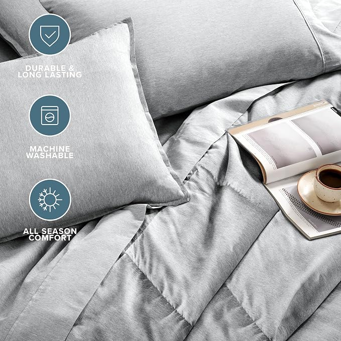 Bare Home Bed-in-A-Bag 7 Piece Comforter & Sheet Set - Queen - Goose Down Alternative - Ultra-Soft 1800 Premium Bedding Set - Cationic (Queen, Heathered Pewter)